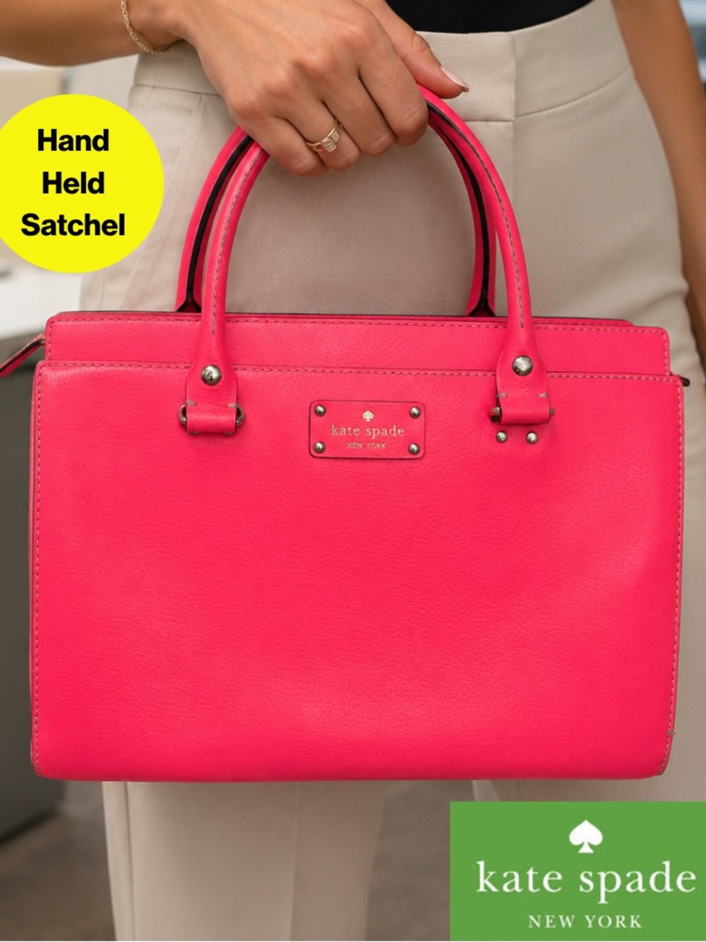 KATE SPADE ♠️ Neon Pink Leather Handheld Satchel - Hot Pink Logo Interior 9x12"
